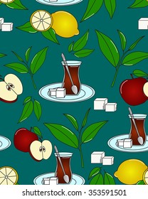Turkish tea. Vector seamless texture with tea line icon pattern. Endless background.Vector backdrop. Use for wallpaper, pattern fills, web page background
