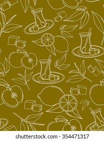 Turkish tea. Vector seamless texture with tea line icon pattern. Endless background.Vector backdrop. Use for wallpaper, pattern fills, web page background
