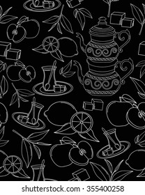 Turkish tea. Vector seamless texture with tea line icon pattern. Endless background.Vector backdrop. Use for wallpaper, pattern fills, web page background
