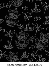 Turkish tea. Vector seamless texture with tea line icon pattern. Endless background.Vector backdrop. Use for wallpaper, pattern fills, web page background
