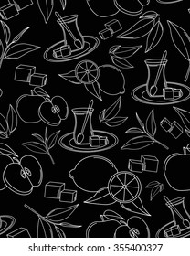 Turkish tea. Vector seamless texture with tea line icon pattern. Endless background.Vector backdrop. Use for wallpaper, pattern fills, web page background
