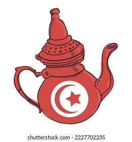 The Turkish teapot is red, brick-colored with the emblem of Turkey on it. Drawing, vector.