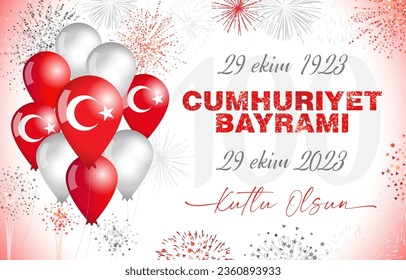 Turkish text, translation is 29 Ekim 1923, 29 Ekim 2023 means 29 October 1923, 29 October 2023. CUMHURIYET BAYRAMI means Republic Day. Kutlu olsun means Happy birthday. Greeting card or banner design.