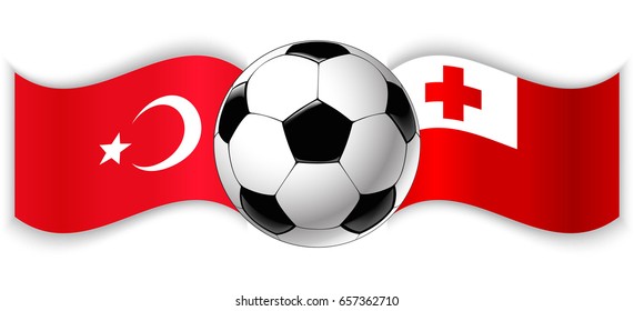 Turkish and Tongan wavy flags with football ball. Turkey combined with Tonga isolated on white. Football match or international sport competition concept.