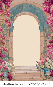 Portão de arco tradicional turco com aquarela bougainvillea flores ilustração para convite