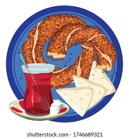 Turkish traditional breakfast with 
feta cheese, turkish tea and bagel serving. 
Cartoon vector illustration in flat style. Istanbul traditional flavors