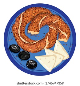 Turkish traditional breakfast with 
feta cheese,
black olive and bagel serving. 
Cartoon vector illustration in flat style. Istanbul traditional flavors