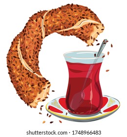 Turkish traditional breakfast tea and bagel serving. 
Cartoon vector illustration in flat style. Istanbul traditional flavors