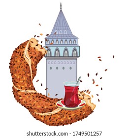 Turkish traditional breakfast tea, bagel serving and galata tower. 
Cartoon vector illustration in flat style. Istanbul traditional flavors