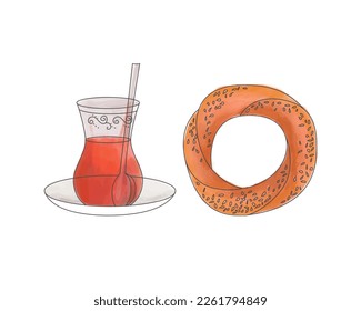 Turkish traditional breakfast tea and bagel serving. Vector illustration in flat style. Istanbul traditional flavors