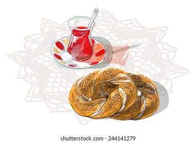 Turkish traditional breakfast with turkish tea and bagel serving. Türk istanbul geleneksel sokak simidi susamlı simit ve ince belli cam bardakta türk çayı çay ile kesme şeker vektör el çizimi