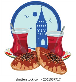 Turkish traditional breakfast tea and delicious bagel service with silhouette of galata tower in the background. vector illustration. istanbul skyline and traditional flavors