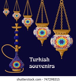 Turkish traditional ceramic souvenirs.Bright colorful hanging lanterns and hookah on blue background. Cartoon vector illustration in flat style. 