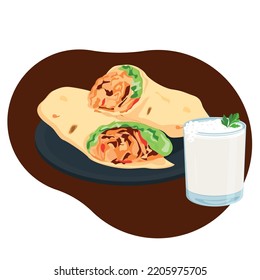 Turkish traditional ''döner'', dürüm chicken doner, isolated background vector illustration.