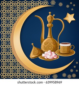 Turkish traditional coffee and delight in antique copper dishes on arabic style ornament and moon and star background. Turkish party concept. Cartoon vector illustration.