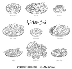 Turkish traditional cuisine in hand drawn sketch style, vector illustration isolated on white background. Middle east food set - kebab, lahmacun, dolmades and cig kofte.