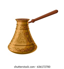 Turkish traditional decorated copper cezve isolated on white background. Turkish antique utensils series, part 3 of 5.  Cartoon vector illustration in flat style.