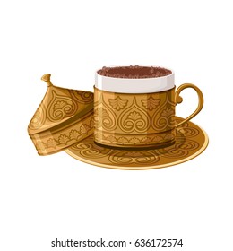 Turkish traditional decorated copper coffee cup isolated on white background. Turkish antique utensils series, part 2 of 5.  Cartoon vector illustration in flat style.