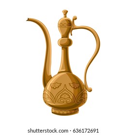 Turkish traditional decorated copper pitcher isolated on white background. Turkish antique utensils series, part 2 of 5.  Cartoon vector illustration in flat style.