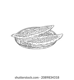 Turkish traditional dish pide in monochrome sketch style, vector illustration isolated on white background. Hand drawn lahmacun with meat, cheese and vegetables.