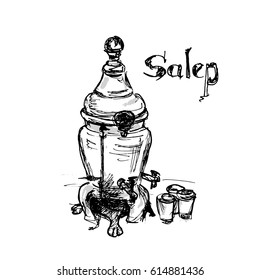 Turkish traditional drink for winter "salep". Hand drawn sketch vector illustration on white background. Black & white & gray.