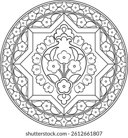 Turkish traditional floral motifs black outline mandala. Decoration and coloring page isolated element