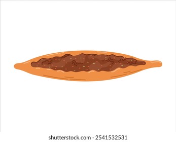 Comida tradicional turca, pan plano de carne con carne de res y verduras. Vector aislado en la ilustración plana blanca.