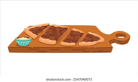 Comida tradicional turca, pan plano de carne con carne de res y verduras a bordo. Vector aislado en la ilustración plana blanca.