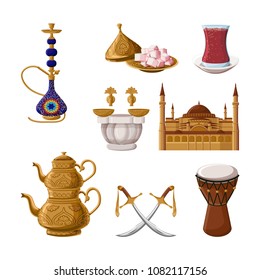 Icono de patrimonio tradicional turco, parte 2. Hookah, tetera de bronce, delicias turcas, té de vidrio, hammam, Santa Sofía, cimitar, tambor. Cultura árabe oriental. Ilustración vectorial de estilo caricatura. 