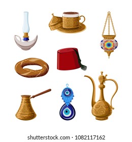 Turkish traditional heritage icon set, part 1. Alladin lamp, brass coffee cup, cezve, kettle, lantern, fez, simit, boncuck. Arabic eastern culture.  Cartoon style vector illustration. 