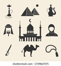 Turkish traditional heritage icon set.  Lamp, brass coffee cup, cezve, kettle, lantern, fez, simit. Arabic eastern culture. Cartoon style vector illustration.