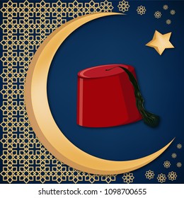 Turkish traditional red hat fez or tarboosh with arabic style ornament and moon and star background. Turkish culture concept. Ramadan kareem greeting card temlate. Cartoon vector illustration.