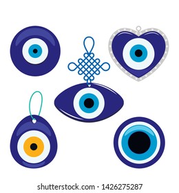 Turkish traditional set of blue glassy boncuk mascot. Symbol from evil eye isolated on white background. flat vector illustration in cartoon style