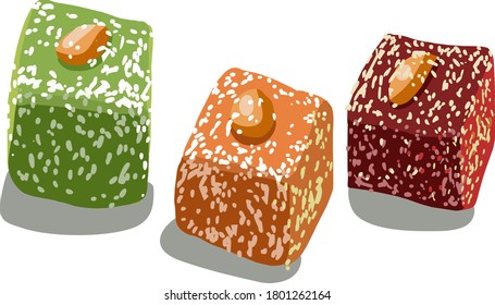 Turkish traditional sweets, rahat lukum, on a white background in large format, vector