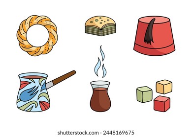 Juego de Elementos de té tradicional turco - café cezve, taza de té, baklava, bagel de sésamo, estrella y media luna, delicia, fez. colección de Vector aislada en blanco.