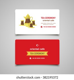 Turkish traditional Tea set. Flat modern business card concept for food industry.