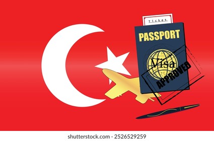 Turkish Travel Documentation Concept with blue Passport and Turkey Flag. Approved Stamp. Airplane and Travel Tickets. Ideal for Immigration Tourism and Traveling Themes. Vector EPS available