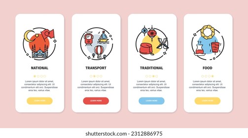 Turkish Travel and Tourism App Screens Cards Set Include of Transport and Food. Vector illustration of Card