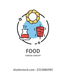 Turkish Travel and Tourism Thin Line Icon Food Concept Include of Tea Cup and Kebab. Vector illustration