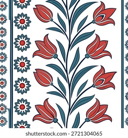Turkish Tulips and Iznik patterns seamless tile pattern with rich colors and traditional designs for cultural decor concept as Rich colored Turkish tulips and traditional Iznik patterns arranged seamlessly for cultural home decor in Photo Stock Concept and empty space on the left side,no text --ar 7:2 --tile