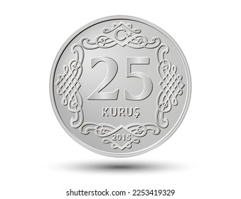 Turkish twenty-five cents isolated on white background. Vector illustration.