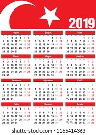 Turkish Vector Calendar 2019. Week Starts from Monday. Simple template of calendar on white background.