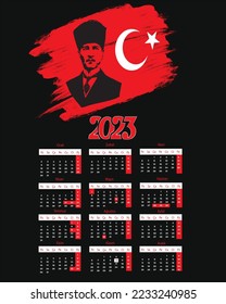 Turkish Vector Calendar 2023. Ataturk themed Turkey 2023 calendar. Turkey calendar 2023 year.
