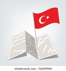 Turkish vector flag template. Waving flag of Turkey on a metallic pole, isolated on a white background,map and check in