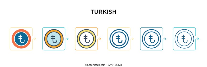Turkish vector icon in 6 different modern styles. Black, two colored turkish icons designed in filled, outline, line and stroke style. Vector illustration can be used for web, mobile, ui