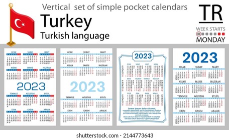 Turkish vertical pocket calendar for 2023 (two thousand twenty three). Week starts Monday. New year. Color simple design. Vector