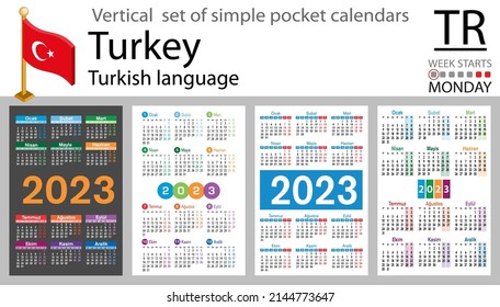 Turkish vertical pocket calendar for 2023 (two thousand twenty three). Week starts Monday. New year. Color simple design. Vector