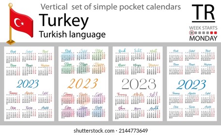 Turkish vertical pocket calendar for 2023 (two thousand twenty three). Week starts Monday. New year. Color simple design. Vector