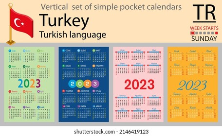 Turkish vertical pocket calendar for 2023 (two thousand twenty three). Week starts Sunday. New year. Color simple design. Vector
