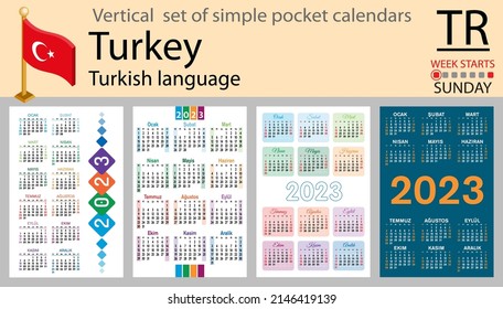 Turkish vertical pocket calendar for 2023 (two thousand twenty three). Week starts Sunday. New year. Color simple design. Vector